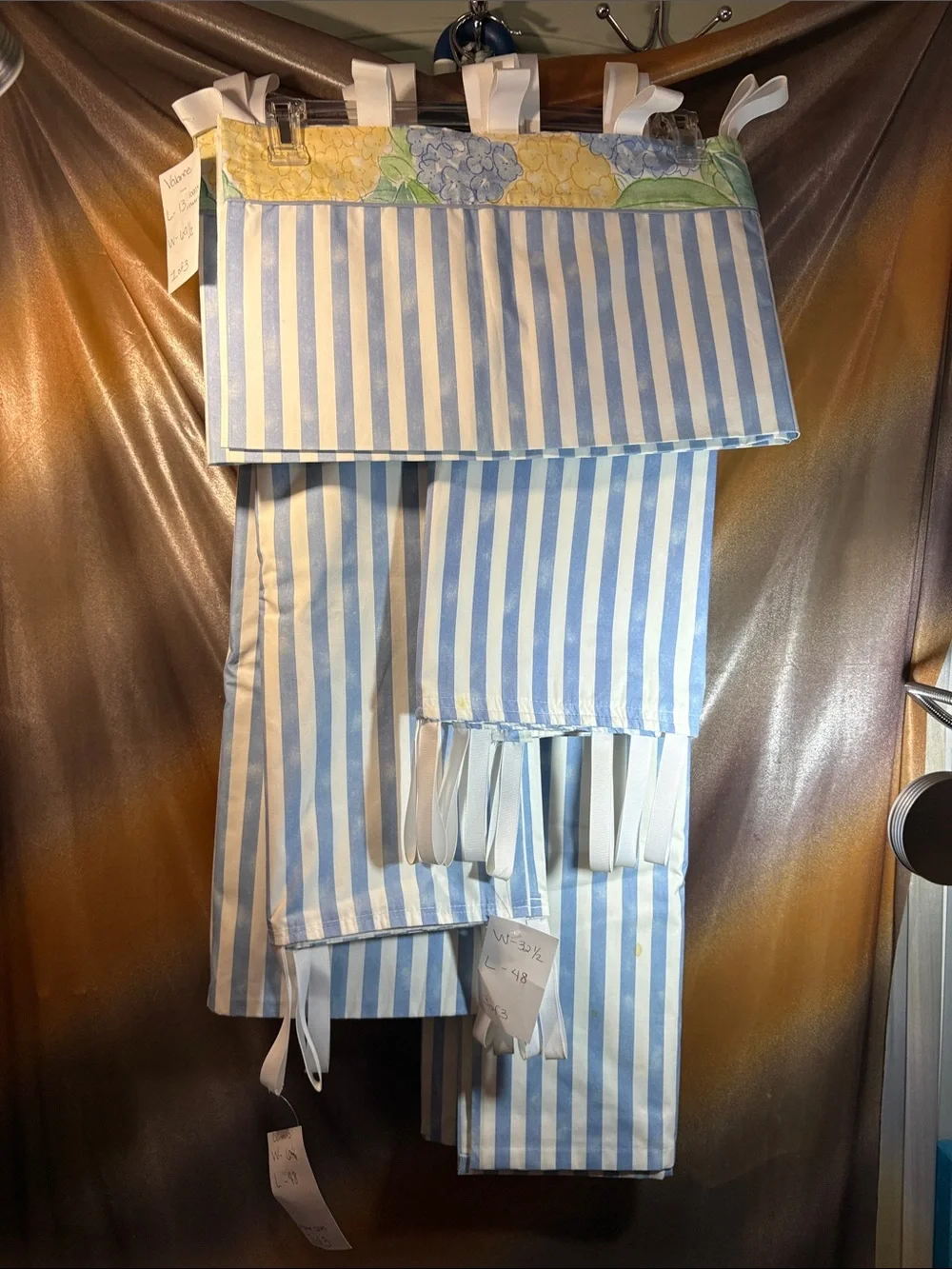 Vintage 3 piece 90’s cafe Blue & White Striped Curtain Panels Floral Valance A
